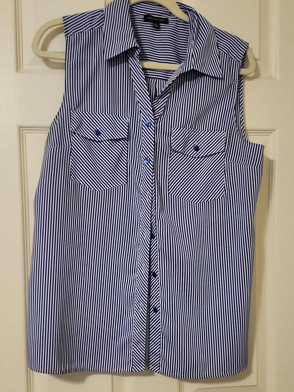Notations Blue and White Striped Sleeveless Button-Up Blouse